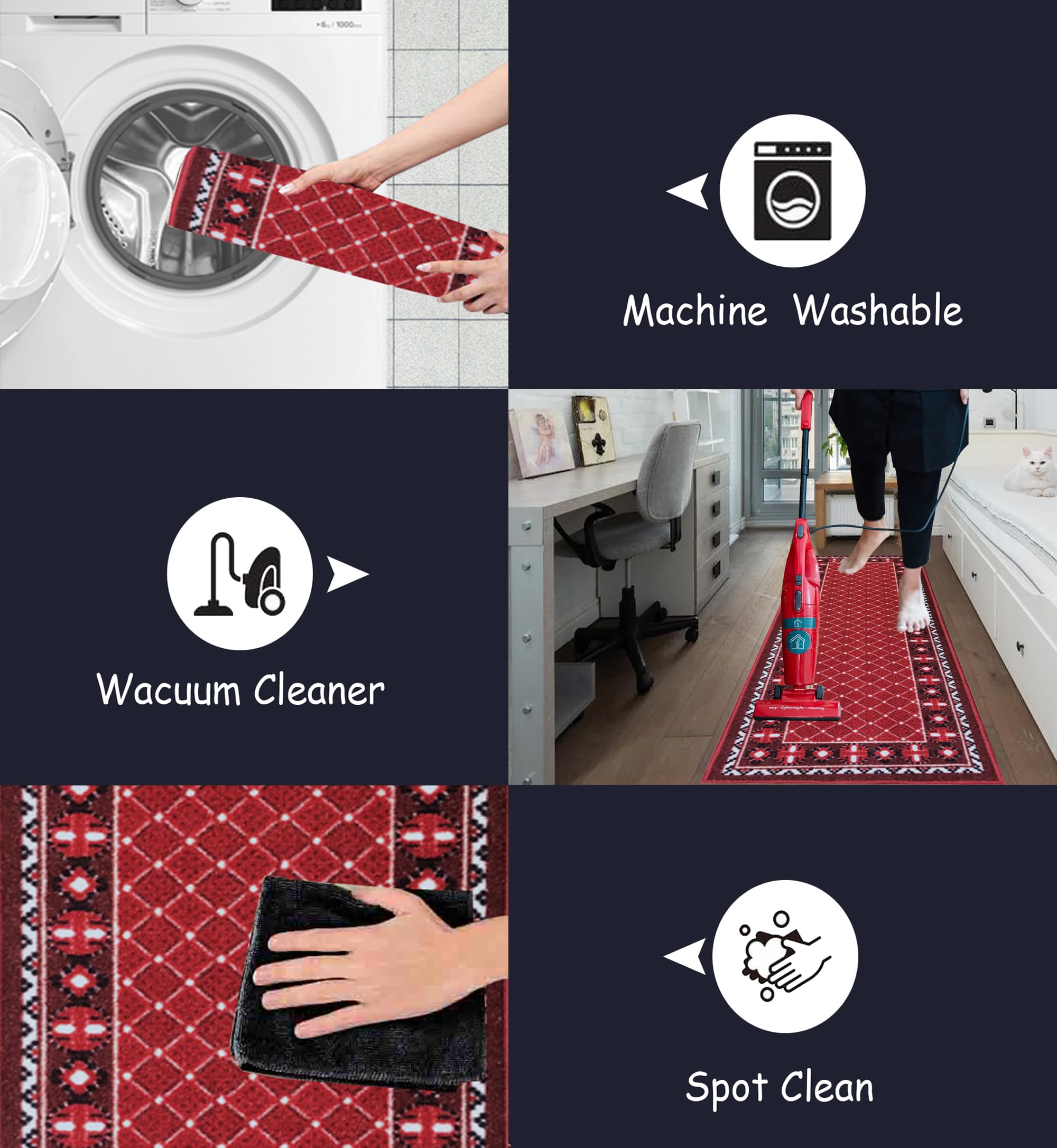 Gloria Non Slip Rubber Back Checkered Design Kitchen Rug Kitchen Runner Kitchen Mat Carpet for Kitchen Anti Slip Stair Treads (Checkered-Red, Runner (23"x84"))