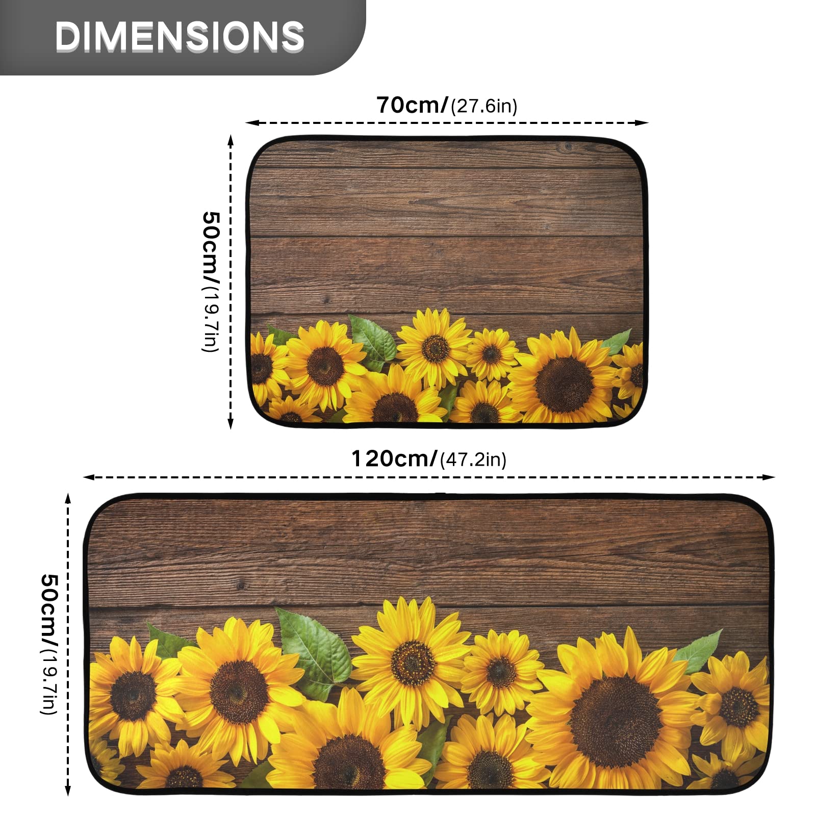 Country Style Sunflower Kitchen Carpet Set 2 Piece, 19.7"x27.6"+19.7"x47.2", Non-Slip Kitchen Mats and Rugs, Soft, Super Absorbent, Washable Kitchen Doormat Carpet Mat, Perfect for Kitchen, Sink, Flo