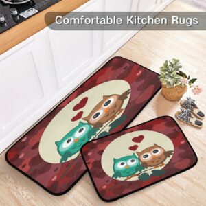 Cartoon Owls Couples Kitchen Rug Set of 2 Spring Mother's Day Floor Runner Mat Comfort Non Skid Bath Carpet Standing Mat Washable for Living Room Laundry Hallway Office Farmhouse