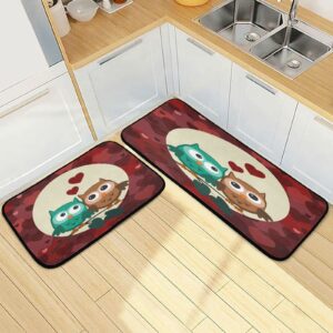 Cartoon Owls Couples Kitchen Rug Set of 2 Spring Mother's Day Floor Runner Mat Comfort Non Skid Bath Carpet Standing Mat Washable for Living Room Laundry Hallway Office Farmhouse