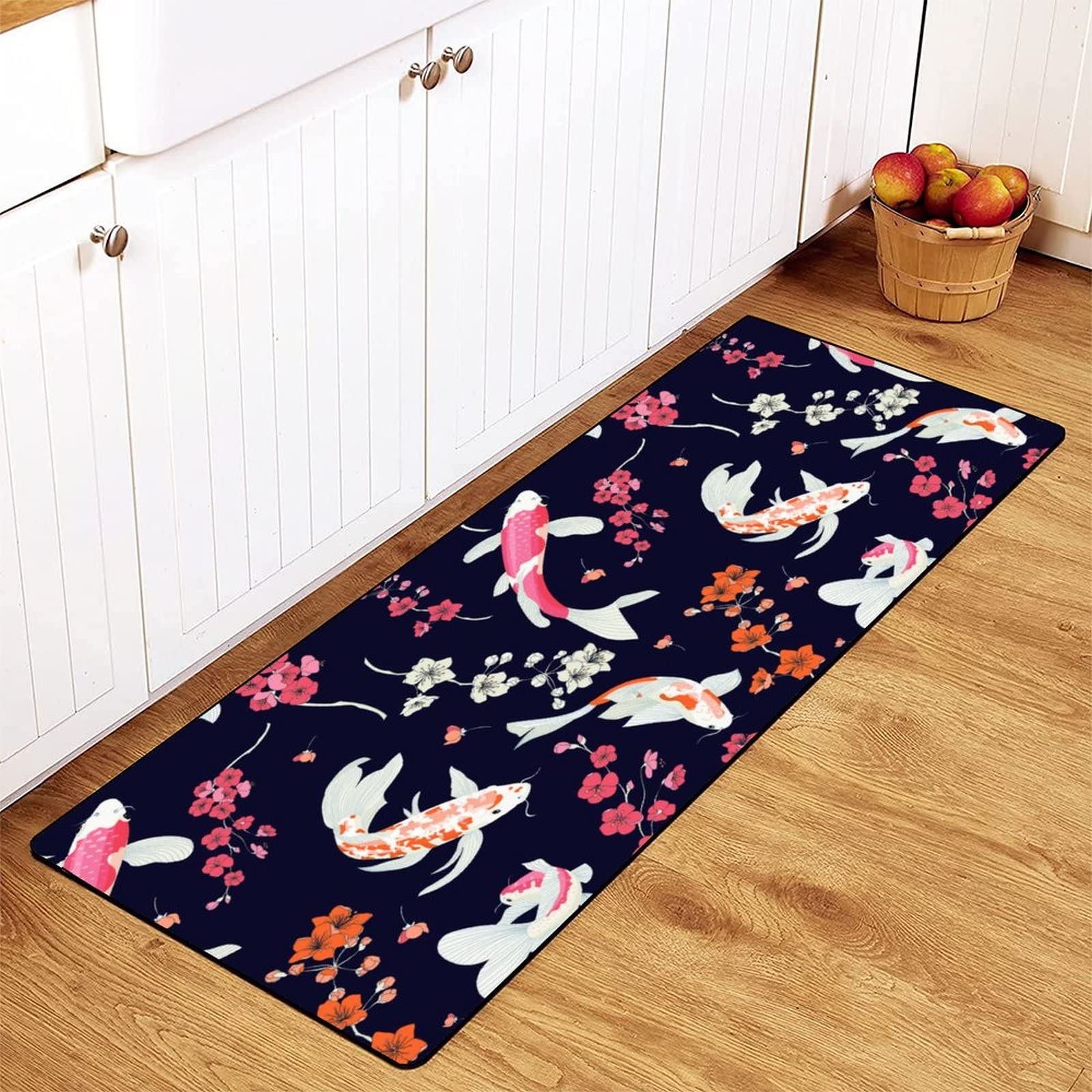 TsyTma Koi Fish Pattern Kitchen Rug Non-Slip Decor Absorbent Bloom Pattern Kitchen Floor Mat Bathroom Rug Waterproof Runner Rug 39"x20"