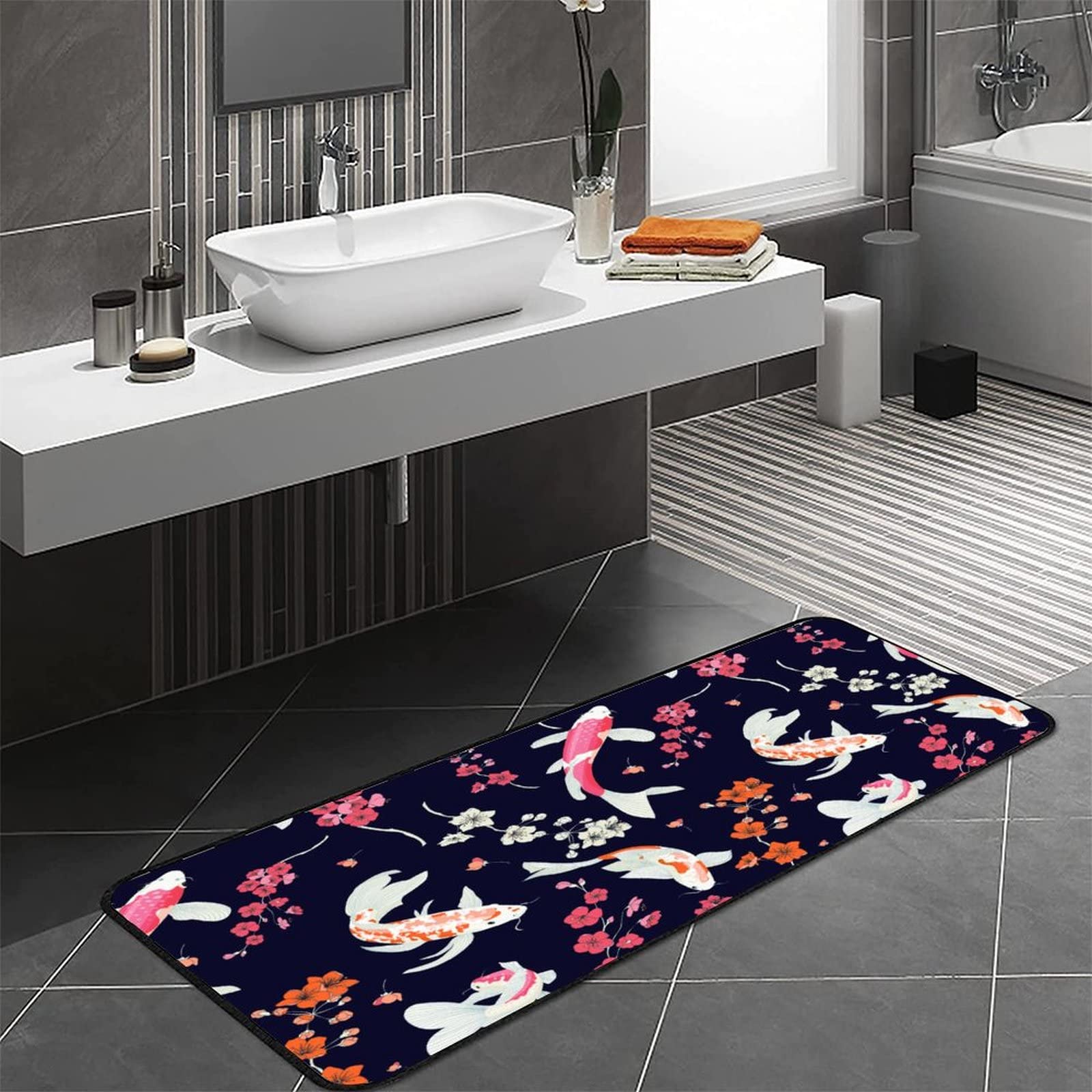 TsyTma Koi Fish Pattern Kitchen Rug Non-Slip Decor Absorbent Bloom Pattern Kitchen Floor Mat Bathroom Rug Waterproof Runner Rug 39"x20"