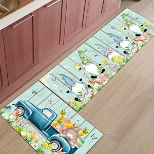 2 piece easter day kitchen rug set easter bunny indoor floor mats for spring summer, gnomes mat runner rug carpet mat for kitchen home decor (15.7" x 23.6"+15.7" x 47.2") - easter eggs truck rabbit