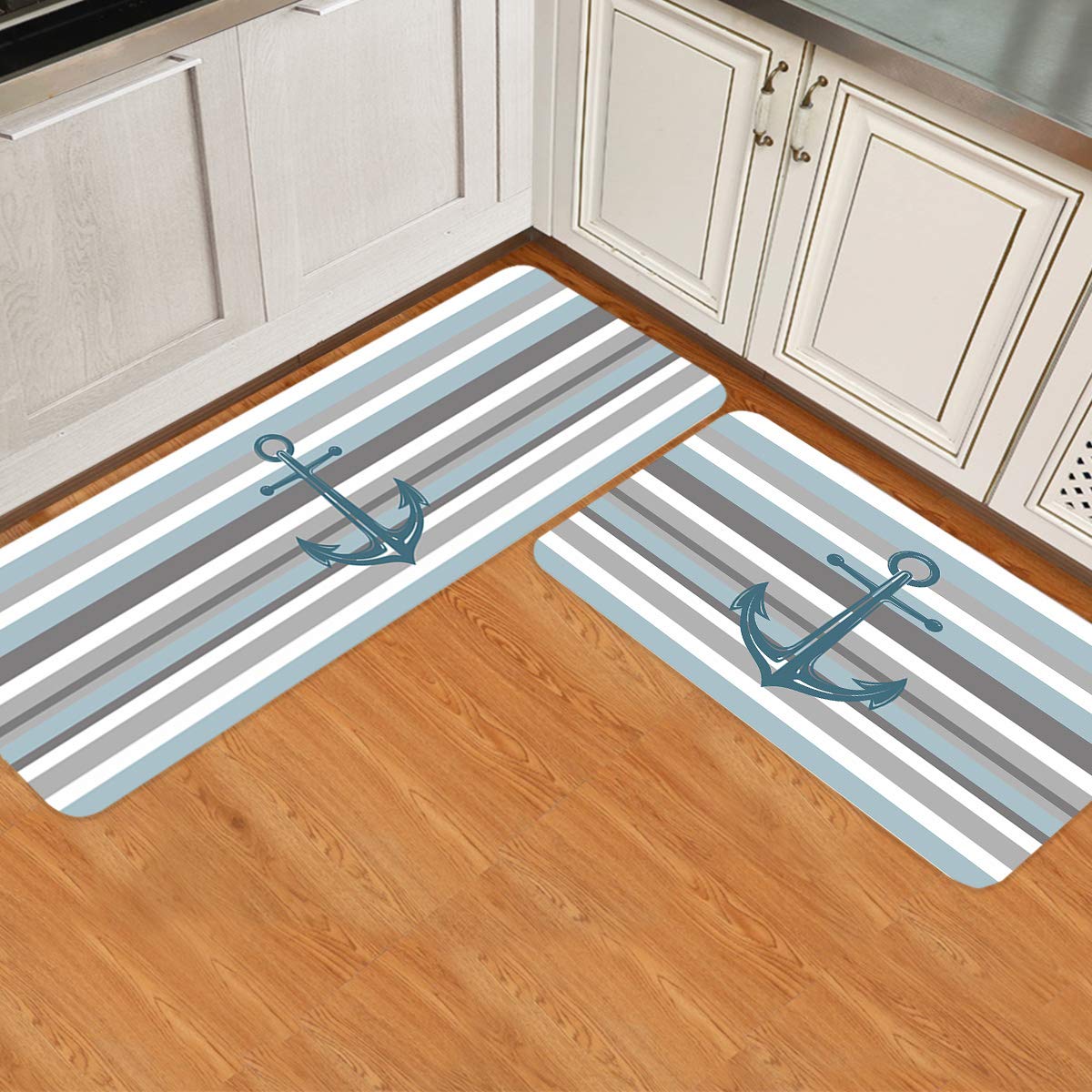 Infinidesign 2 Piece Kitchen Mats and Rugs Cushioned Anti-Fatigue Floor Mat Sea Non-Slip Chef Mat Kitchen Rug Floor Rugs Nautical Anchor with Blue Grey Stripes