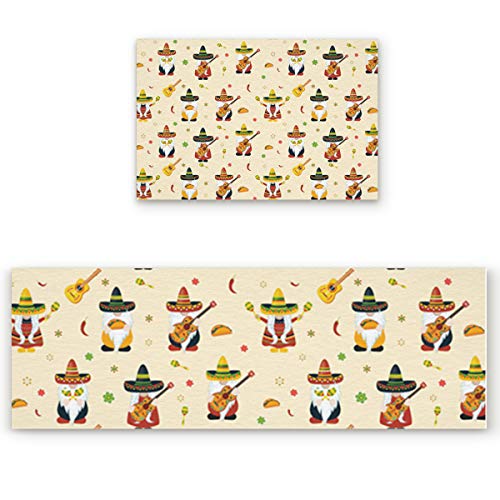 2 Pcs Kitchen Mats Runner Rug Set Anti Fatigue Standing Mat Mexican May 5th Festival Cinco De Mayo Gnome Party Print Washable Floor Mat Area Rug for Home/Office 15.7"x23.6"+15.7"x47.2"