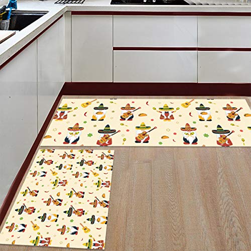 2 Pcs Kitchen Mats Runner Rug Set Anti Fatigue Standing Mat Mexican May 5th Festival Cinco De Mayo Gnome Party Print Washable Floor Mat Area Rug for Home/Office 15.7"x23.6"+15.7"x47.2"