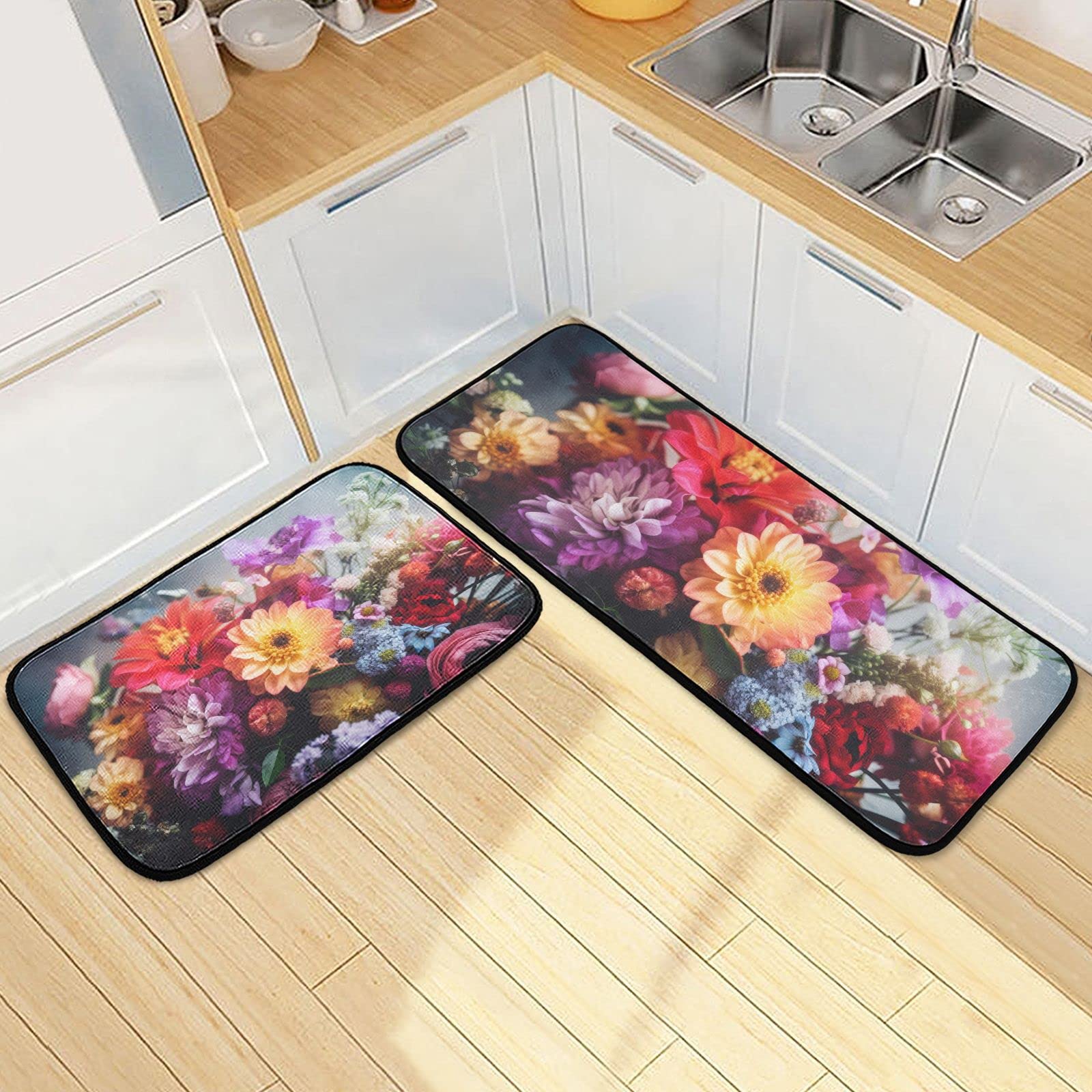 ZENWAWA Kitchen Mats 2 Pieces Set for Floor Bunch Vivid Flower Print, Non Skid Anti Fatigue Kitchen Rugs Cushioned Absorbent Comfort Floor Mats for Kitchen Sink