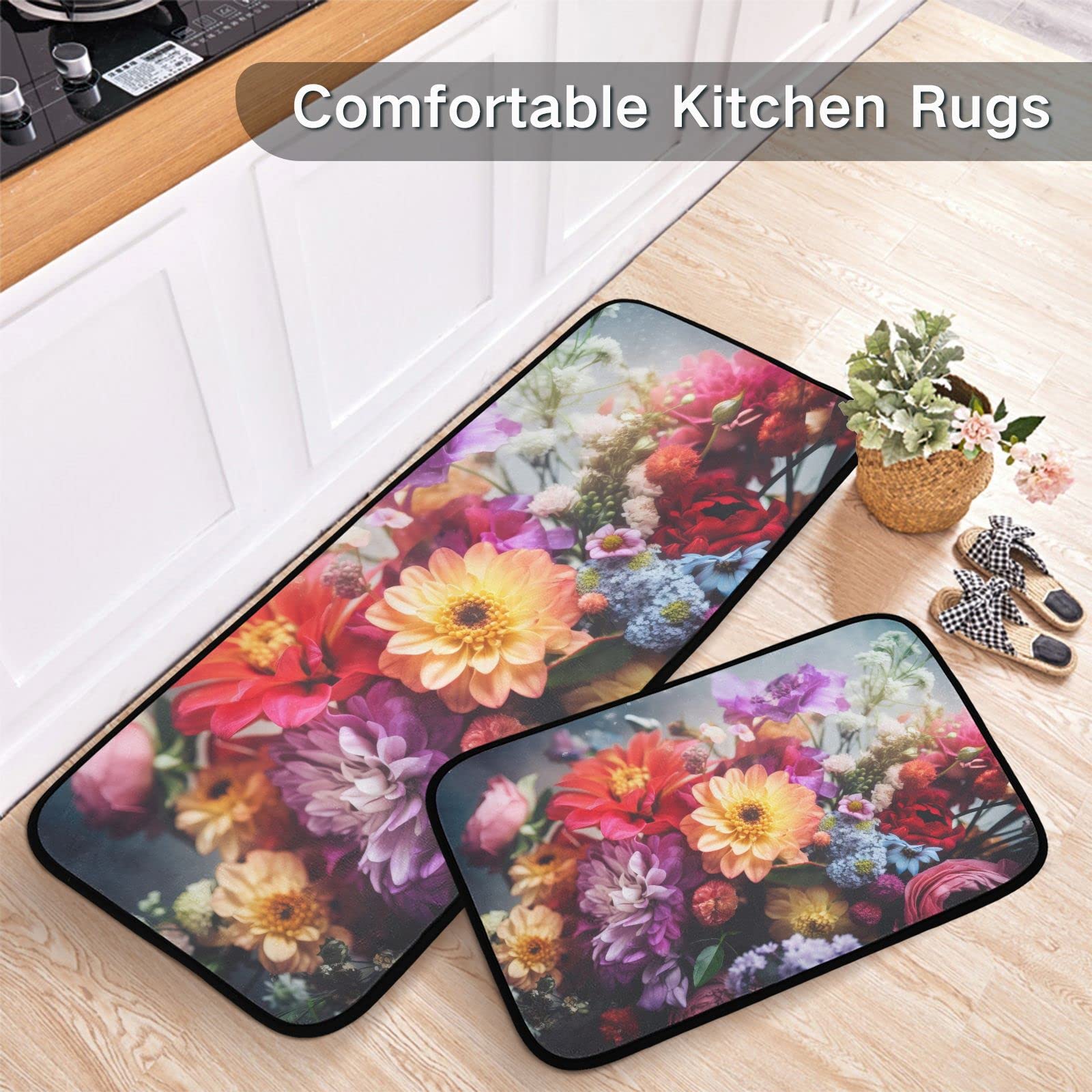 ZENWAWA Kitchen Mats 2 Pieces Set for Floor Bunch Vivid Flower Print, Non Skid Anti Fatigue Kitchen Rugs Cushioned Absorbent Comfort Floor Mats for Kitchen Sink