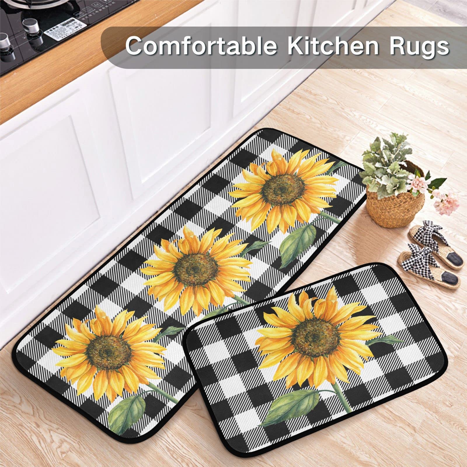 Sunflower Kitchen Rugs Set of 2 Anti Fatigue Buffalo Plaid Kitchen Mats Non-Slip Soft Absorbent Buffalo Plaid Sunflower Floor Mats Microfiber Doormat Carpet Kitchen Decor 20"x28"+20"x47" 4