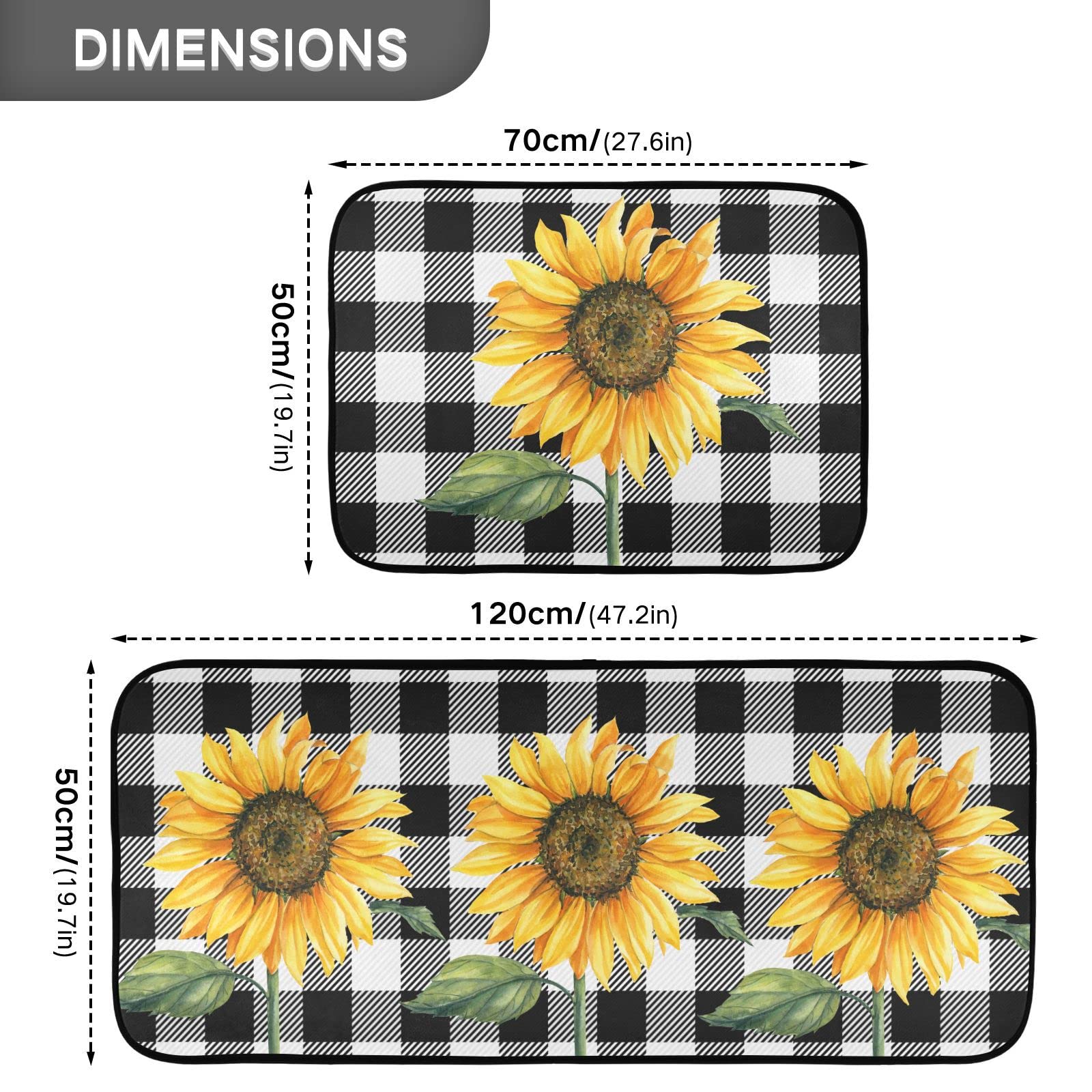 Sunflower Kitchen Rugs Set of 2 Anti Fatigue Buffalo Plaid Kitchen Mats Non-Slip Soft Absorbent Buffalo Plaid Sunflower Floor Mats Microfiber Doormat Carpet Kitchen Decor 20"x28"+20"x47" 4