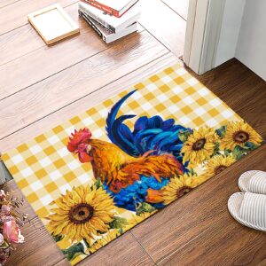 farm animal rooster rustic sunflower watercolor doormat bath rugs non slip, washable cover floor rug absorbent carpets floor mat home decor for kitchen bedroom yellow and white buffalo check (16x24)