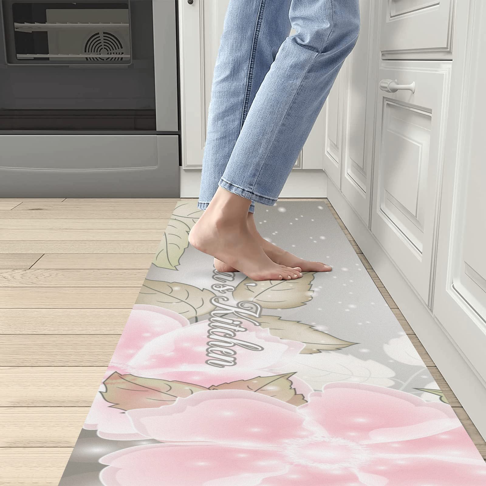 Grandkli Flower Pink Personalized Kitchen Mat Rugs,Non Skid Door Mats for Kitchen Floor,Custom Area Rug for Bathroom Laundry Room Rug Decor 17"X48"