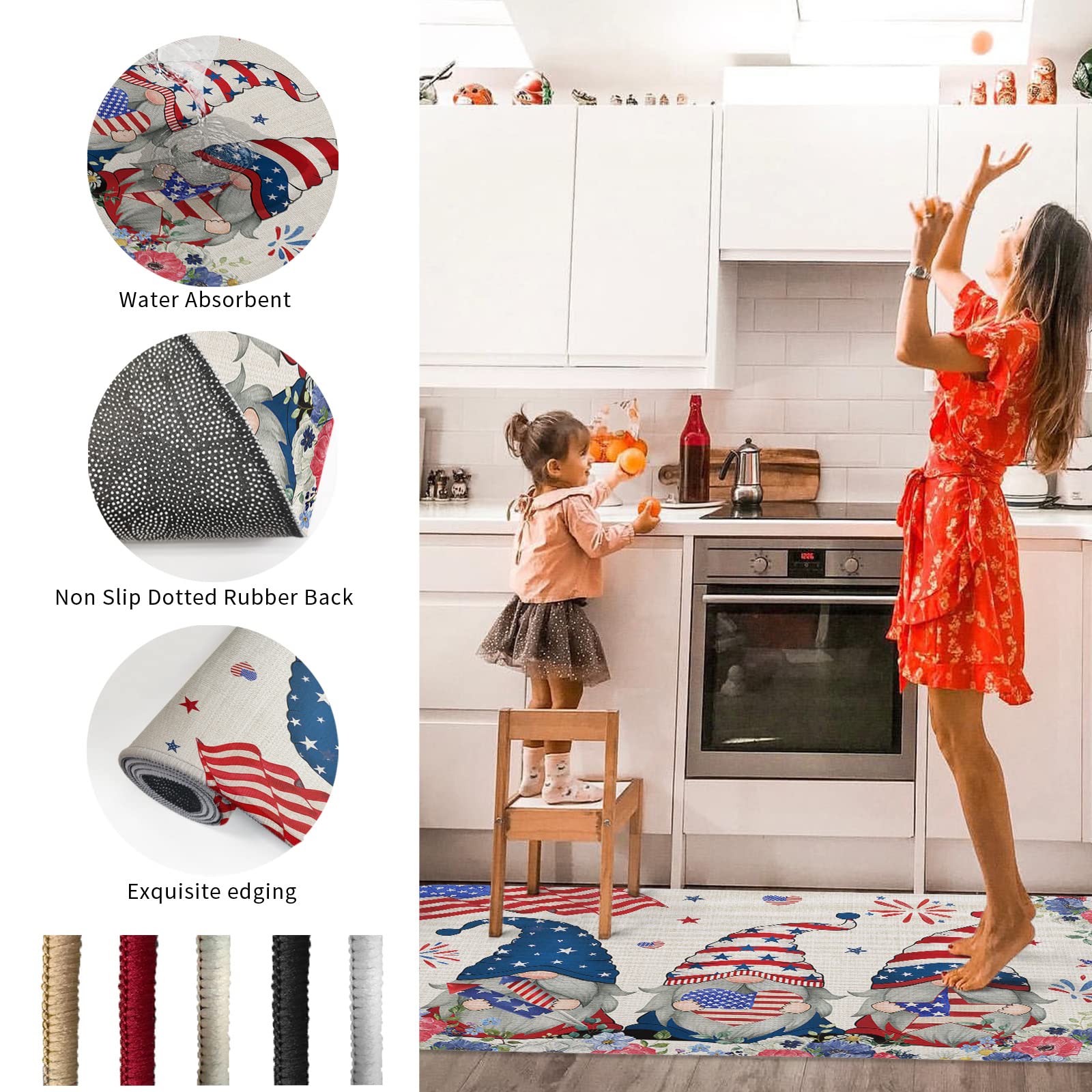 CHARMHOME 2 Pieces Kitchen Rugs and Mats Set Independence Day Cute Gnome Celebrate 4th of July Non-Slip Kitchen Mat Washable Doormat Runner Set(15.7"x23.6"+15.7"x47.2")