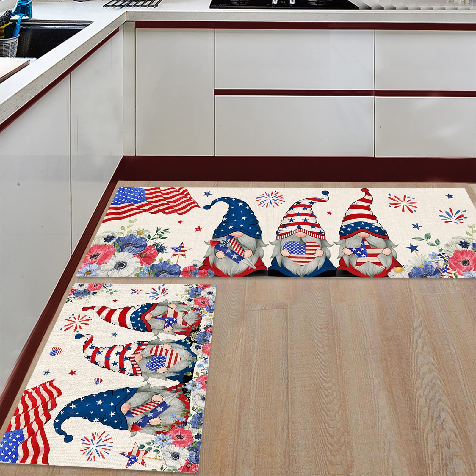 CHARMHOME 2 Pieces Kitchen Rugs and Mats Set Independence Day Cute Gnome Celebrate 4th of July Non-Slip Kitchen Mat Washable Doormat Runner Set(15.7"x23.6"+15.7"x47.2")