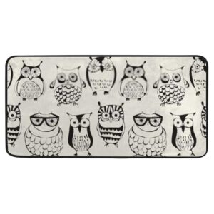 black and white kawaii cartoon cute animals owls kitchen rugs and mats machine washable area rugs non slip rug absorbent mat carpets for floor, kitchen, bathroom, sink, office, laundry.