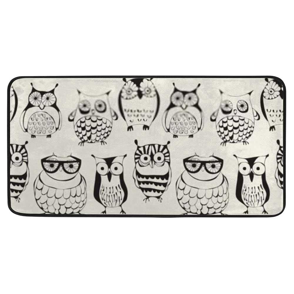 Black and White Kawaii Cartoon Cute Animals Owls Kitchen Rugs and Mats Machine Washable Area Rugs Non Slip Rug Absorbent Mat Carpets for Floor, Kitchen, Bathroom, Sink, Office, Laundry.