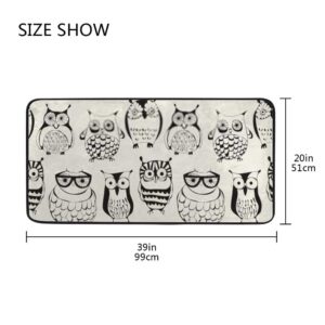 Black and White Kawaii Cartoon Cute Animals Owls Kitchen Rugs and Mats Machine Washable Area Rugs Non Slip Rug Absorbent Mat Carpets for Floor, Kitchen, Bathroom, Sink, Office, Laundry.