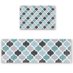 Kitchen Mat 2PCS Moroccan Tile Print Geometry Lattice Teal Blue Grey Kitchen Rugs Kitchen Organization, Anti-Fatigue Kitchen Floor Mats Non-Slip Kitchen Decor Runner Rug Room Decor Standing Desk Mats