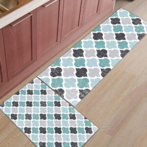 Kitchen Mat 2PCS Moroccan Tile Print Geometry Lattice Teal Blue Grey Kitchen Rugs Kitchen Organization, Anti-Fatigue Kitchen Floor Mats Non-Slip Kitchen Decor Runner Rug Room Decor Standing Desk Mats