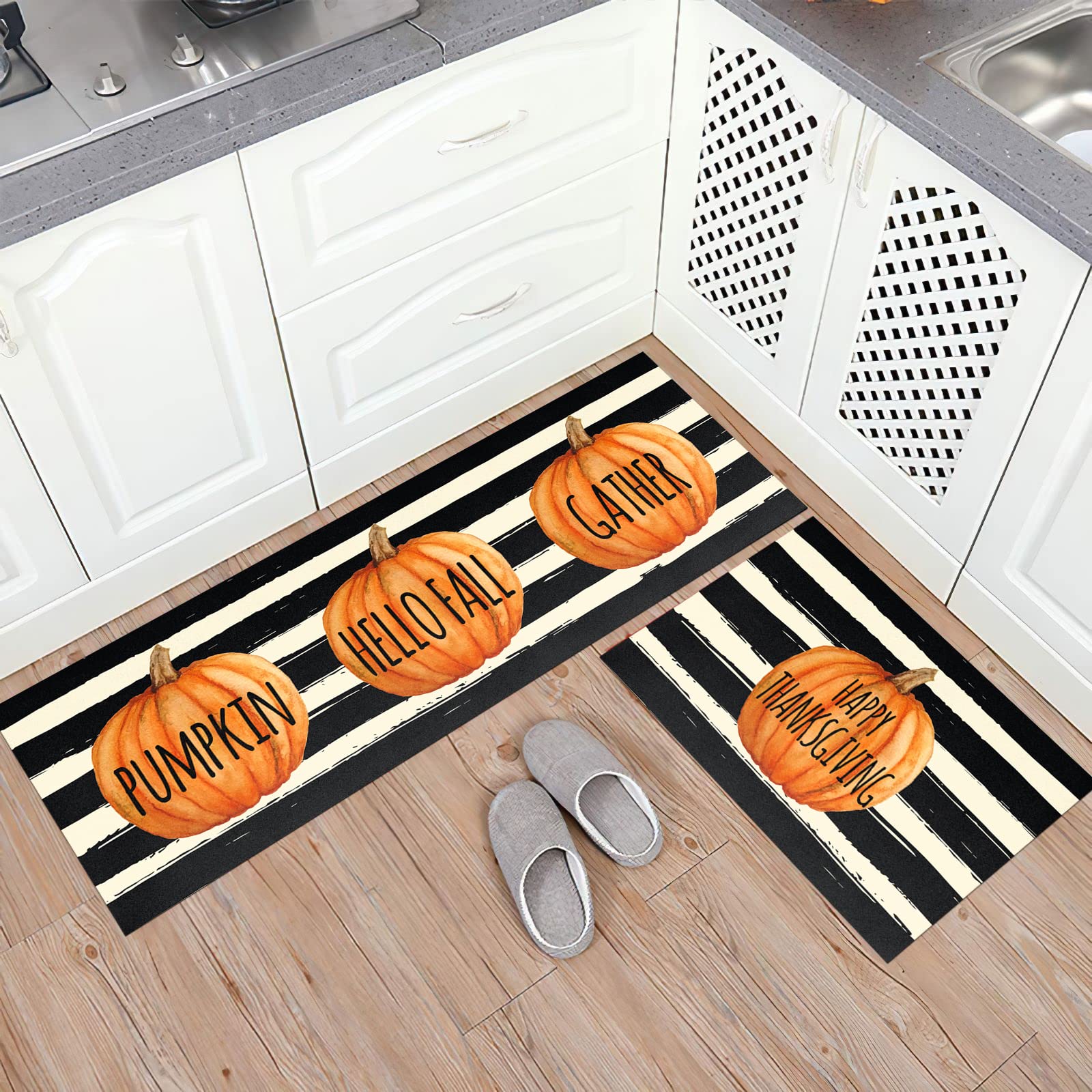 HOLVDENG Fall Pumpkin Kitchen Mat Set of 2 Non Slip Thick Kitchen Rugs and Mats for Floor Comfort Standing Mats for Kitchen, Sink, Office, Laundry, 17"x47"+17"x28"
