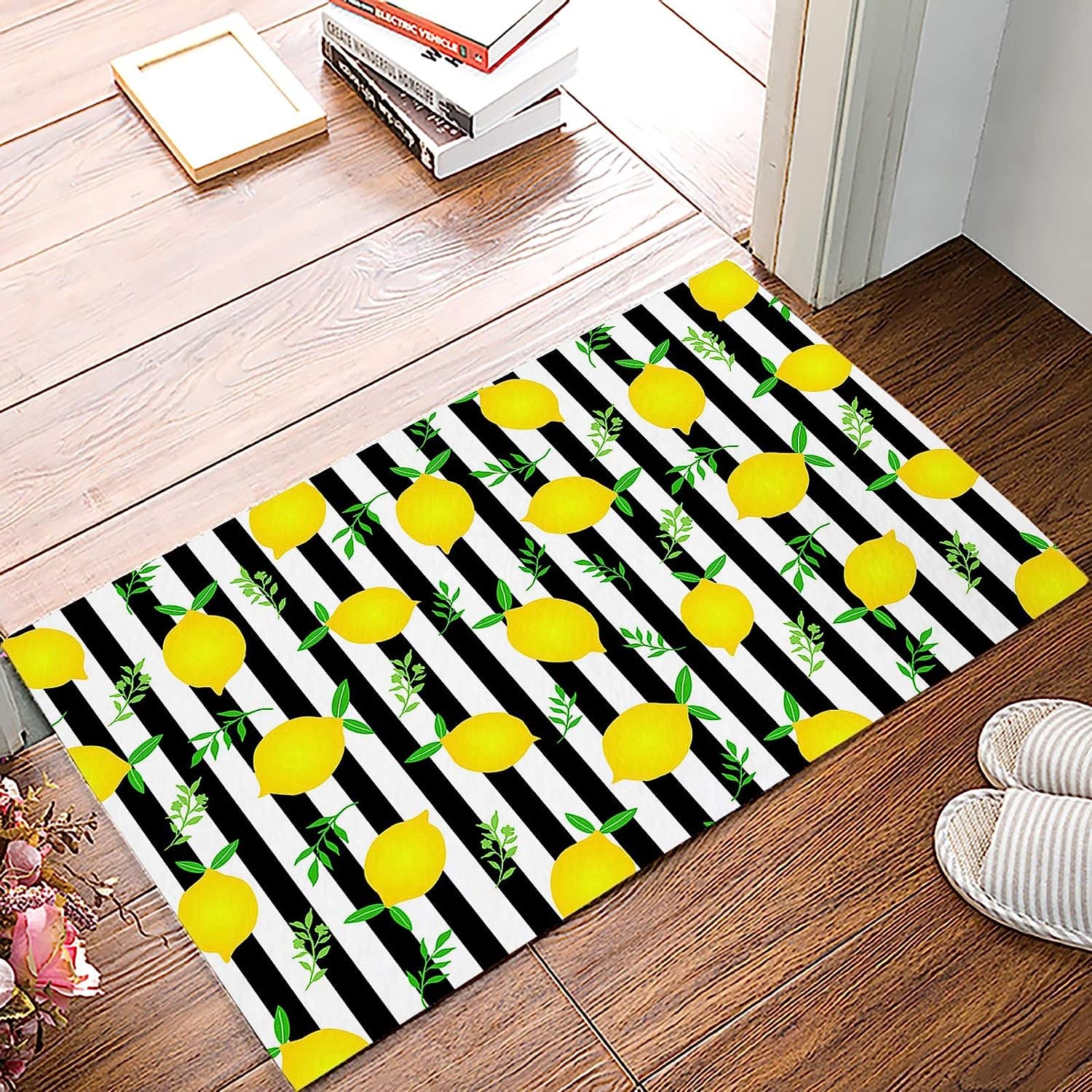 Door Mat for Bedroom Decor, Fresh Lemon on Black Stripes Floor Mats, Holiday Rugs for Living Room, Absorbent Non-Slip Bathroom Rugs Home Decor Kitchen Mat Area Rug 18x30 Inch