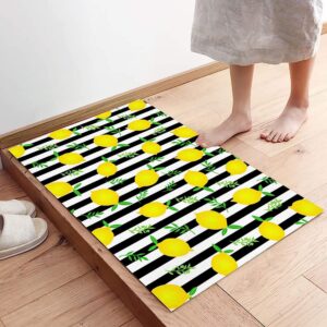 Door Mat for Bedroom Decor, Fresh Lemon on Black Stripes Floor Mats, Holiday Rugs for Living Room, Absorbent Non-Slip Bathroom Rugs Home Decor Kitchen Mat Area Rug 18x30 Inch