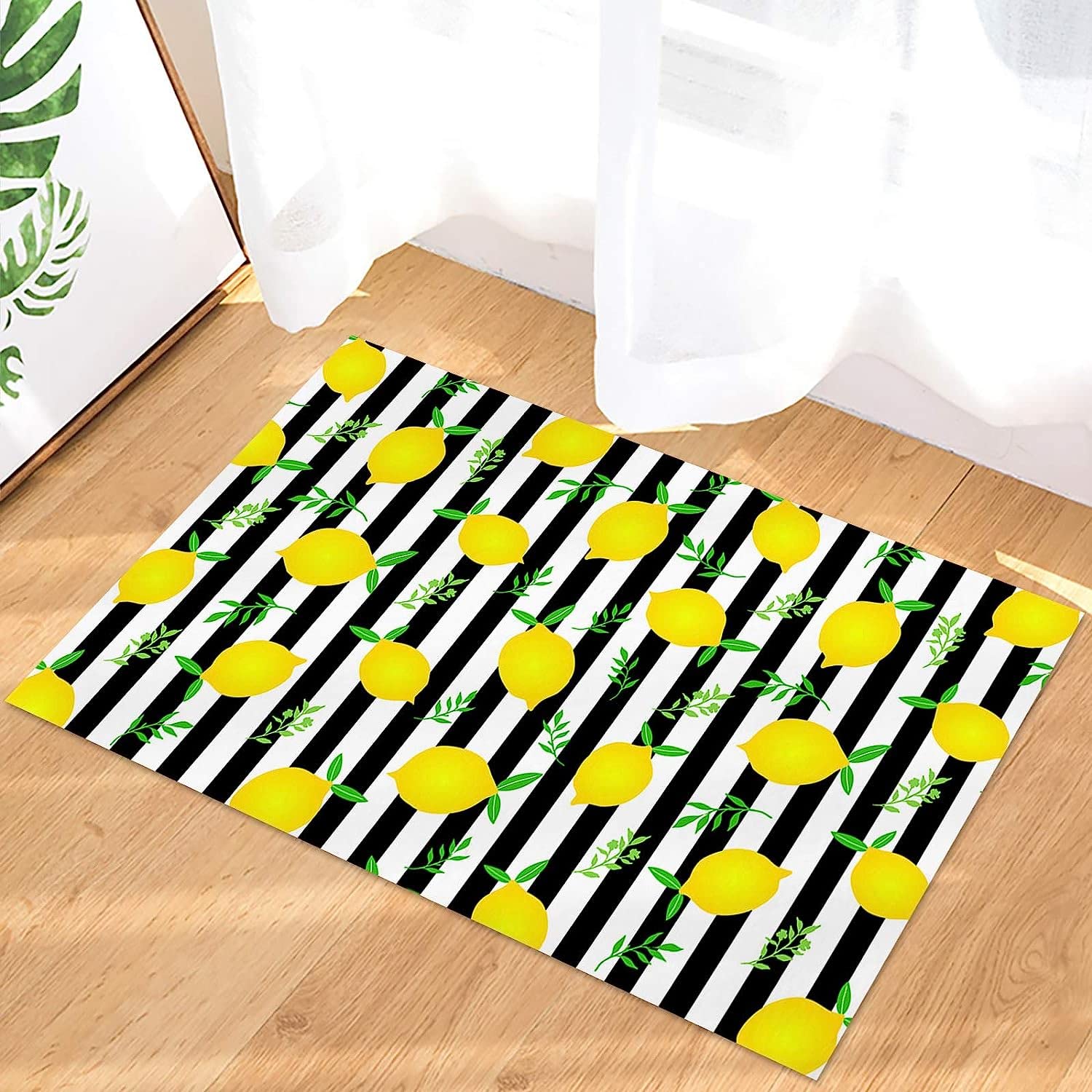 Door Mat for Bedroom Decor, Fresh Lemon on Black Stripes Floor Mats, Holiday Rugs for Living Room, Absorbent Non-Slip Bathroom Rugs Home Decor Kitchen Mat Area Rug 18x30 Inch