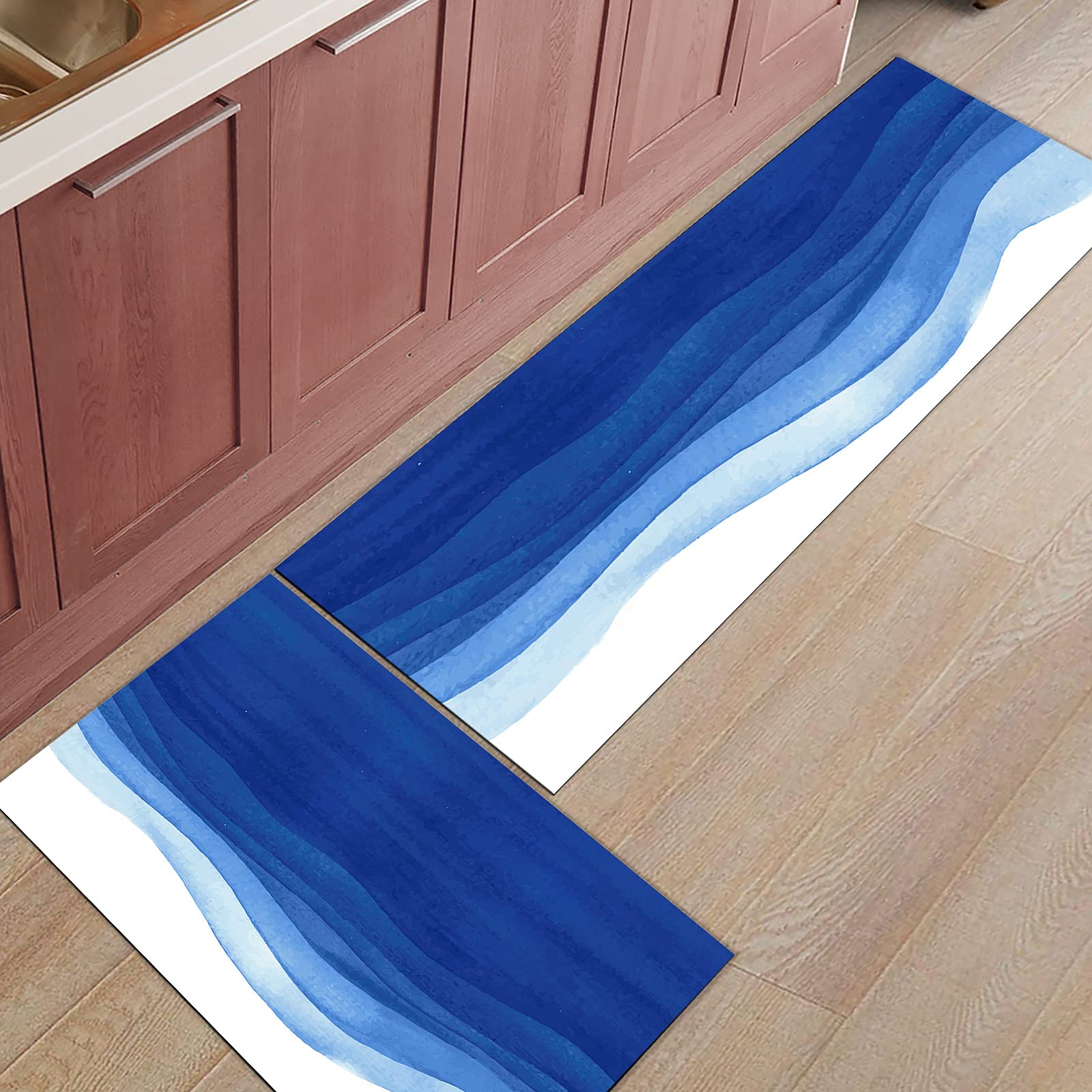 2 Pieces Kitchen Rugs and Mats Watercolor Royal Blue Gradient Area Runner Rug Set Non Slip Floor Doormat Washable Carpet Standing Mat for Kitchen Sink Indoor Corridor Modern Abstract Minimal Art