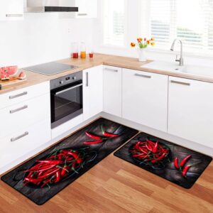 Kitchen Rugs Set Red Chili Peppers Shot from Above on Rustic Wooden Table Kitchen Mat for Floor Non-Slip Washable Kitchen Runner Doormat Bath Rug Carpet Comfort Standing Mats Decorations