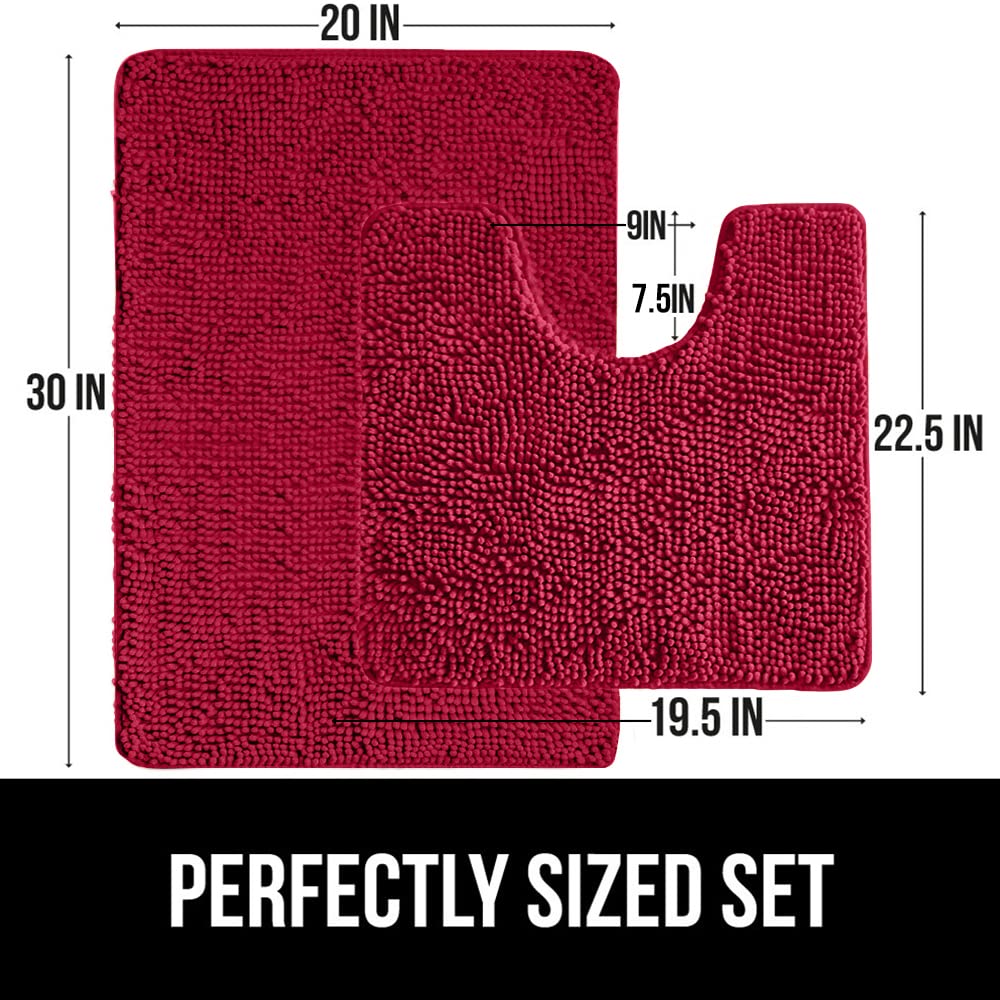 Gorilla Grip Bath Rug and Area Rug Set, Bath Rug Size 30 x 20 in, Shaggy Machine Washable Mats, Area Rug Set Size 22 x 19 x 15 in and 30x20, Absorbent Washable Mats, Both in Red, 2 Item Bundle