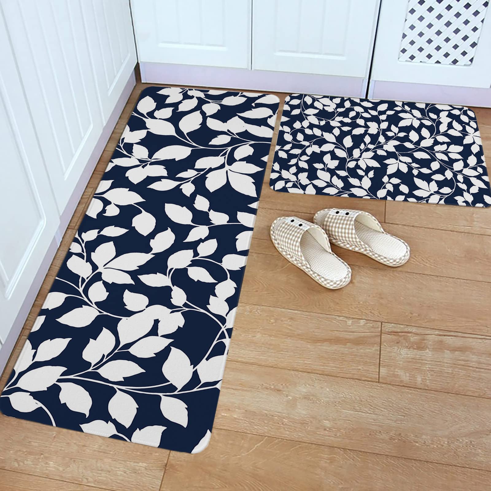 Carosoffe White Leaf Kitchen Rug 2 PCS, Non-Slip Soft Absorbent Standing Mats for Kitchen Bathroom Living Room Laundry Room Runner Rug Set Spring Botanical Silhouette Navy Blue 20x31.5+20x47