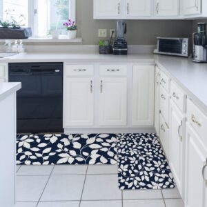 Carosoffe White Leaf Kitchen Rug 2 PCS, Non-Slip Soft Absorbent Standing Mats for Kitchen Bathroom Living Room Laundry Room Runner Rug Set Spring Botanical Silhouette Navy Blue 20x31.5+20x47