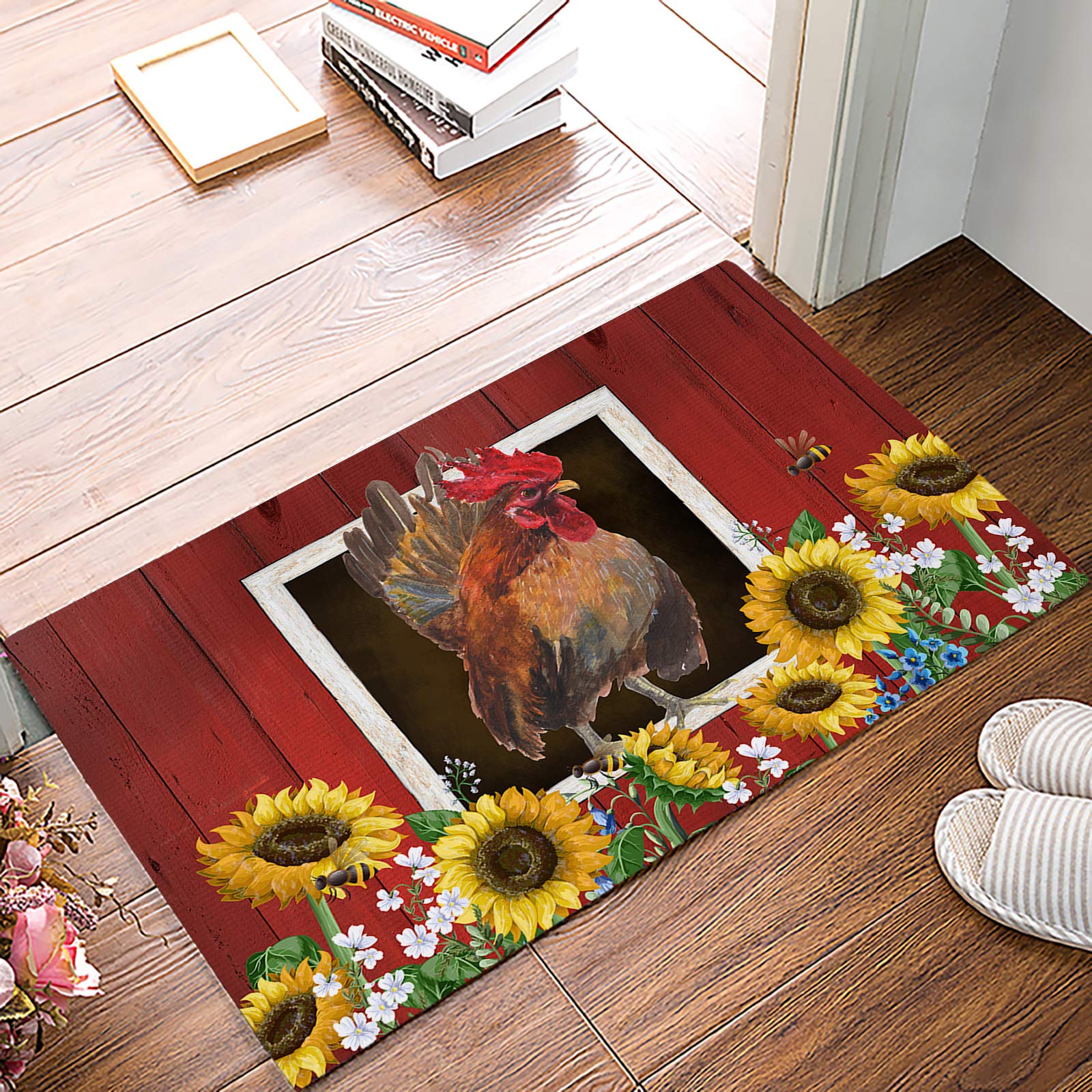 Doormat Bath Rugs Non Slip Farm Animal Rooster Stand in Red Barn Bee Yellow Sunflower Washable Cover Floor Rug Absorbent Carpets Floor Mat Home Decor for Kitchen Bathroom Bedroom (16x24)