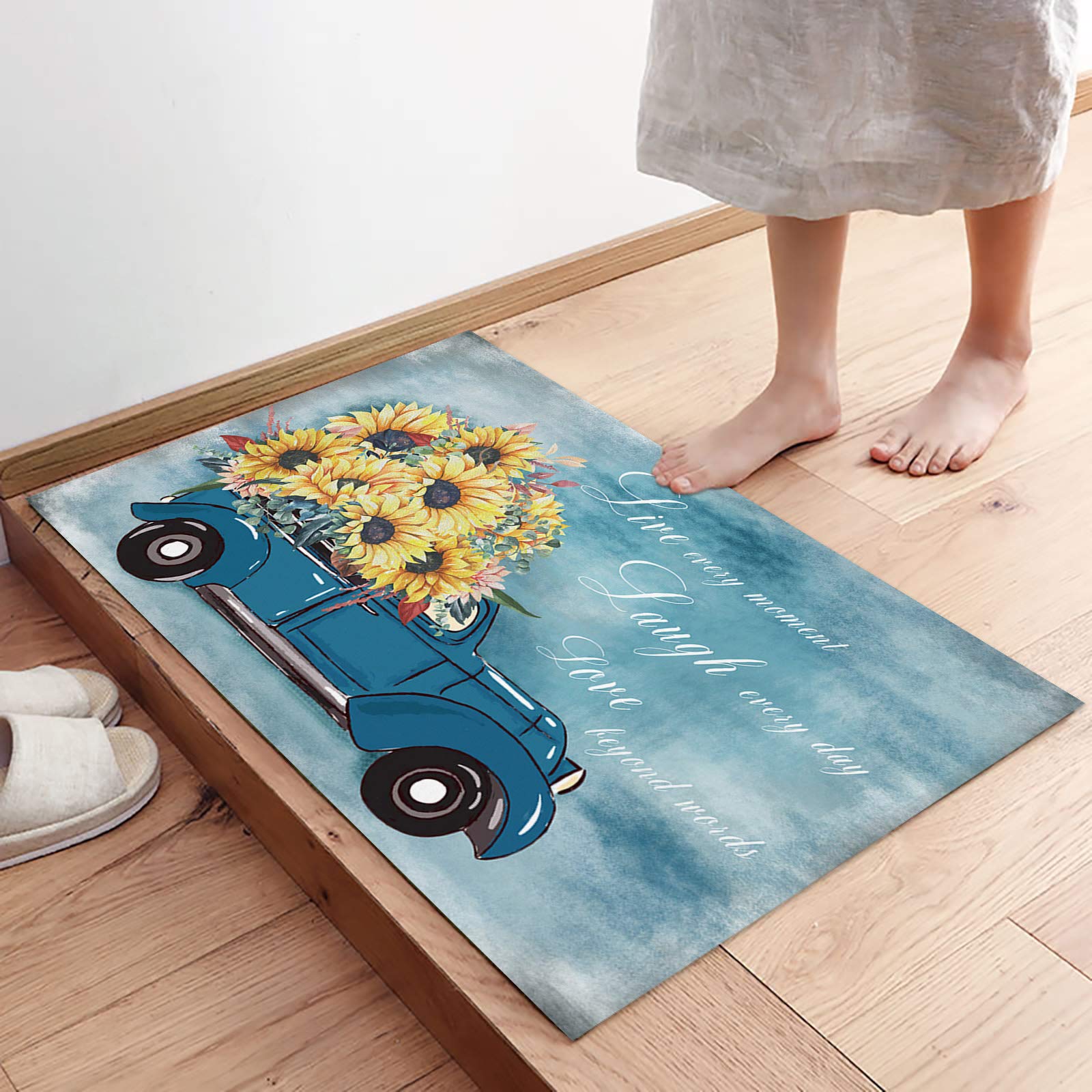 Door Mat for Bedroom Decor, Oil Painting Sunflowers on The Truck Floor Mats, Holiday Rugs for Living Room, Absorbent Non-Slip Bathroom Rugs Home Decor Kitchen Mat Area Rug 18x30 Inch