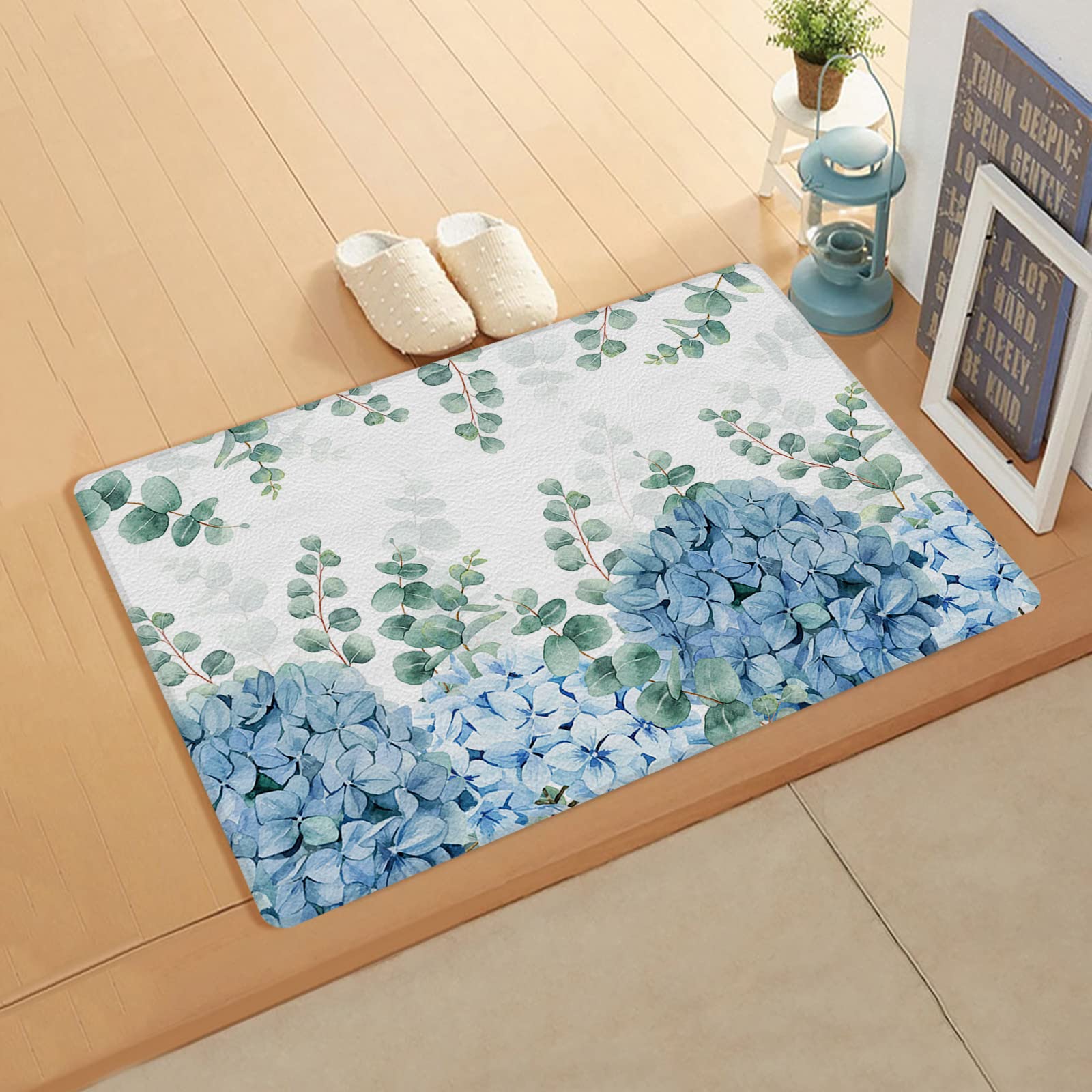 Eucalyptus Floral Antifatigue Kitchen Bath Door Mat Cushioned Runner Rug,Washable Welcome Floor Sink Mat,Green Blue Hydrangea Leaves Waterproof & Non-Slip Comfort Standing Doormat for Kitchen,18"x59"