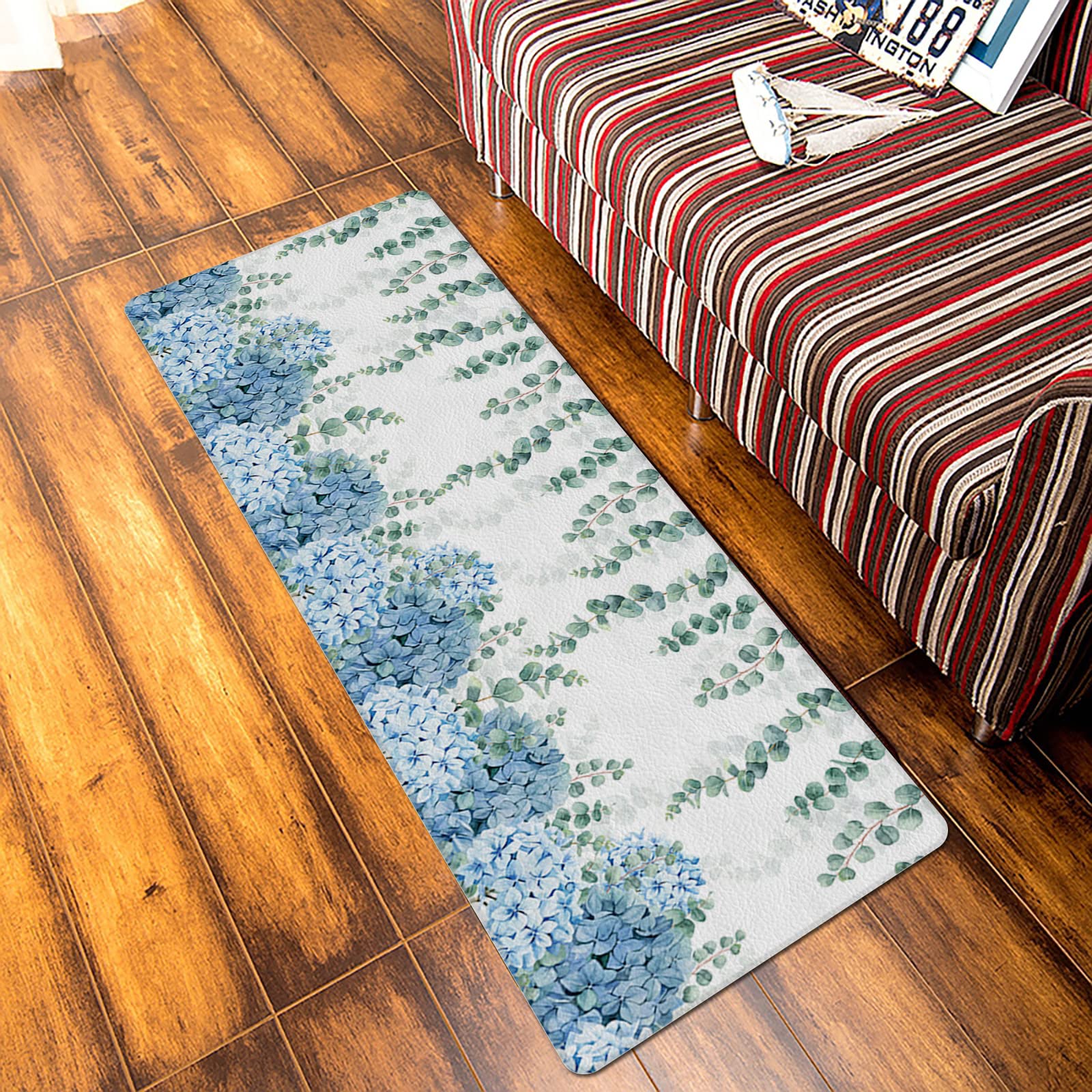 Eucalyptus Floral Antifatigue Kitchen Bath Door Mat Cushioned Runner Rug,Washable Welcome Floor Sink Mat,Green Blue Hydrangea Leaves Waterproof & Non-Slip Comfort Standing Doormat for Kitchen,18"x59"