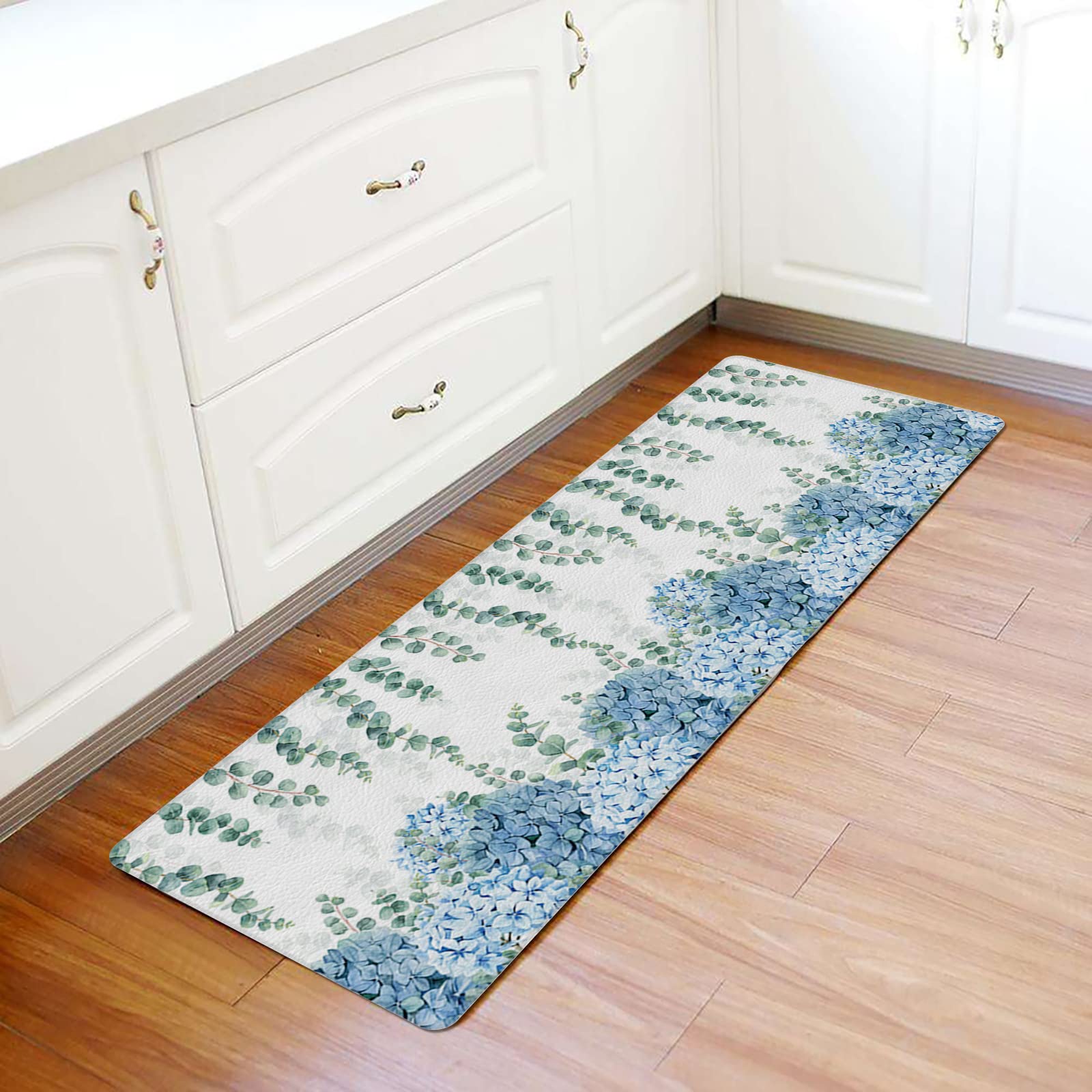 Eucalyptus Floral Antifatigue Kitchen Bath Door Mat Cushioned Runner Rug,Washable Welcome Floor Sink Mat,Green Blue Hydrangea Leaves Waterproof & Non-Slip Comfort Standing Doormat for Kitchen,18"x59"