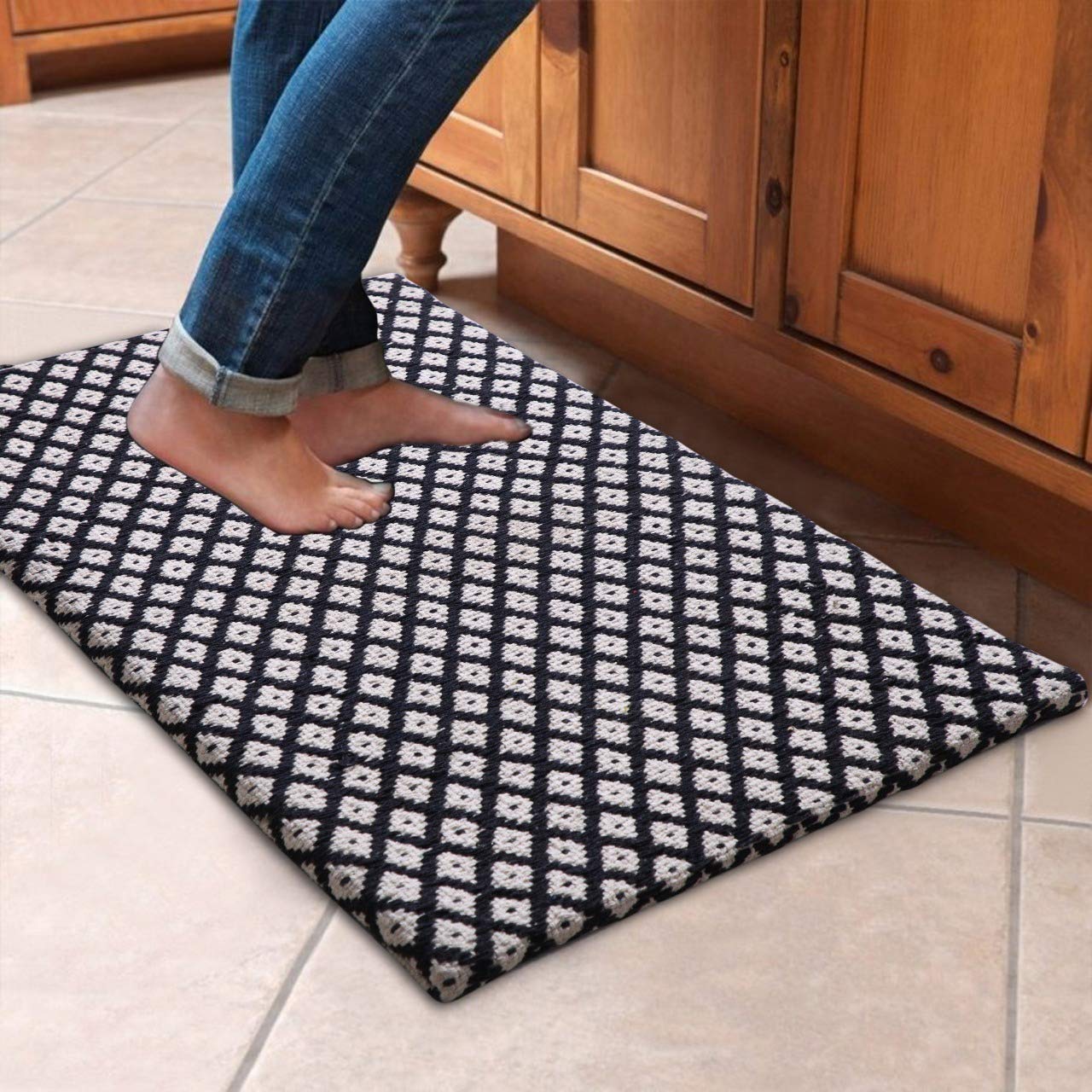 Excel Hometex Cotton Hand Woven Doormat Bathroom Kitchen Laundry Mat Rug 18" x 30" with Foam Backing (18" x 30", Black/White)