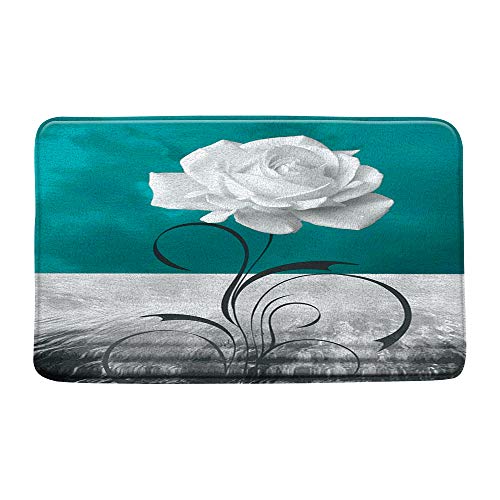 Rose Bath Mat White Rose on Teal Gray Background Modern Creative Bathroom Decor Rug Non Slip Absorbent Doormat Kitchen Toilet Floor Rug,18" x 30"