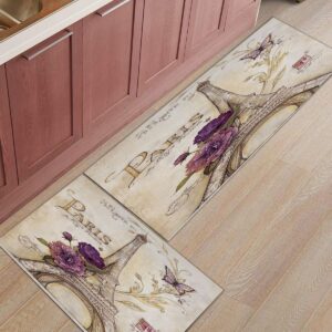kitchen rugs, eiffel tower paris purple flower vintage style non slip long runner rug mat for floor, kitchen, bedside, sink, office, laundry, set of 2