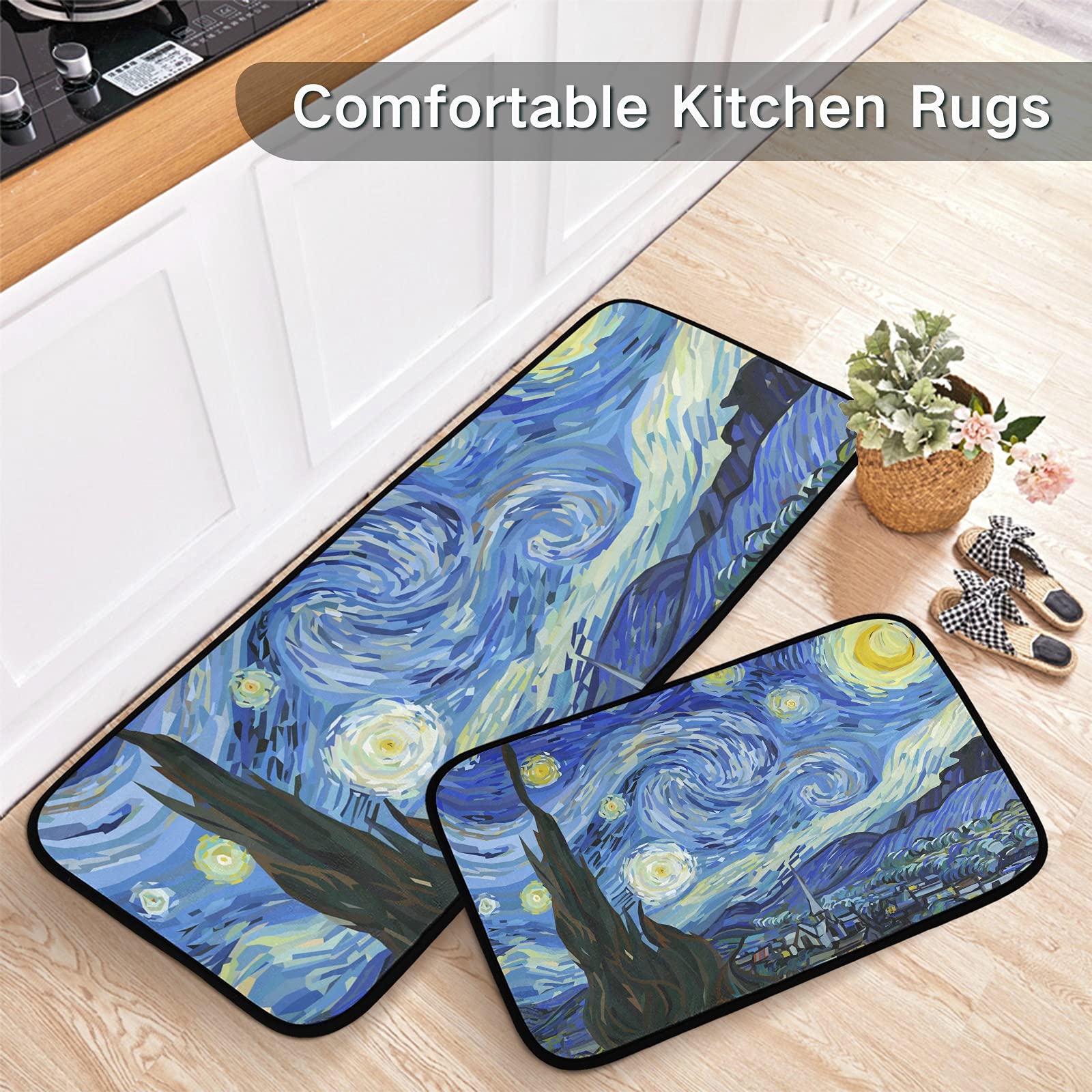 Sinestour Starry Night Kitchen Rugs and Mats Set of 2 Non Slip Kitchen Floor Mats Comfort Standing Desk Mat for Doormat Bathroom Bedroom Runner Area Rug for Home Decor Washable