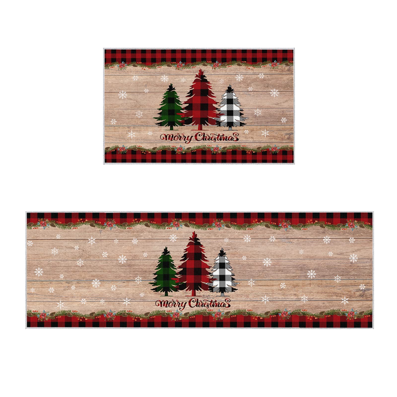 Merry Chirstmas Kitchen Rugs Sets 2 Piece Floor Mats Buffalo Plaid Farm Xmas Tree Snowflake Pine Tree Doormat Non-Slip Backing Area Rugs Carpet Inside Door Mat Pad Sets-19.7" x 31.5"+19.7" x 47.2"