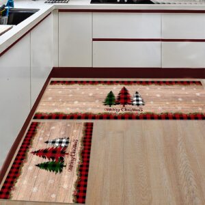 Merry Chirstmas Kitchen Rugs Sets 2 Piece Floor Mats Buffalo Plaid Farm Xmas Tree Snowflake Pine Tree Doormat Non-Slip Backing Area Rugs Carpet Inside Door Mat Pad Sets-19.7" x 31.5"+19.7" x 47.2"