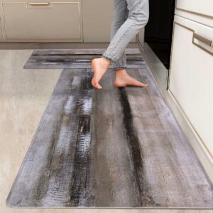 ryanza 2 pieces kitchen rugs, abstract anti fatigue non slip foam cushioned brown and beige art painting comfort indoor floor mat runner rug set for laundry office sink bathroom (17"x48"+17"x24")