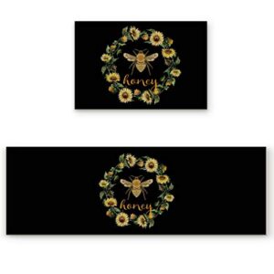 Queen Area 2 Pieces Kitchen Rugs and Mats Set Sunflower Garland Honey Bee Design on Black Background Non-Slip Kitchen Mats and Rugs for Kitchen, Floor Home, Office, Sink, Laundry