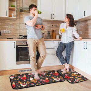 Emelivor Rooster Chickens Animal Kitchen Mat Set of 2 Anti-Fatigue Kitchen Rug Set Non Slip Cushioned Heavy Duty Foam Kitchen Runner Rugs and Mats Comfort Standing Mat for Farmhouse Doormat Laundry