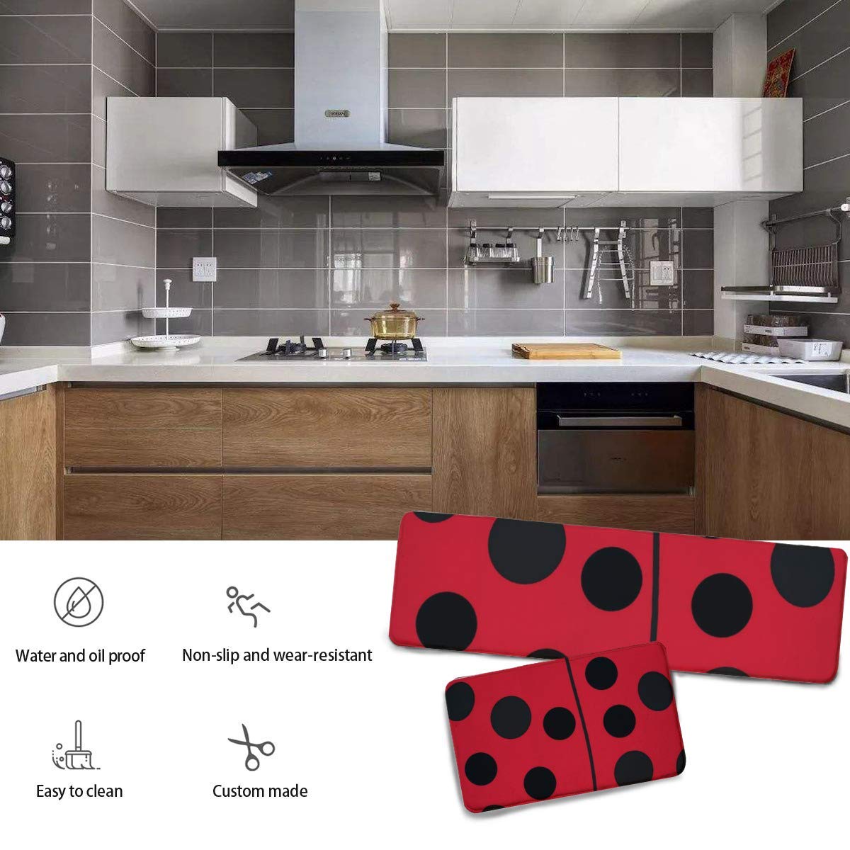 2 Pcs Kitchen Rug Set, Lady Bug Red and Black Non-Slip Kitchen Mats and Rugs Soft Flannel Non-Slip Area Runner Rugs Washable Durable Doormat Carpet