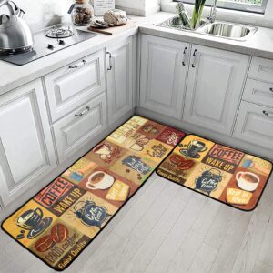 kitchen rug set vintage cafe coffee theme anti fatigue kitchen mats 2 piece floor mat,non-slip comfort standing mat for dining room laundry room office…