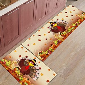 2 piece thanksgiving kitchen rug set funny turkey fall autumn harvest pumpkins maple leave comfort doormat absorbent bathroom carpet non slip area rug pad home decor mat (15.7" x 23.6"+15.7" x 47.2")