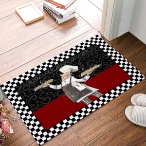 vintage chef black white checkered red paris black, bathroom shower mat doormat non slip,floor rug absorbent carpets floor mat home decor for kitchen bedroom rug, 16"x 24"